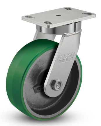 Heavy-duty swivel caster with polyurethane on iron wheel, 2,500 lb capacity, kingpinless design by TACT Industrial Products.