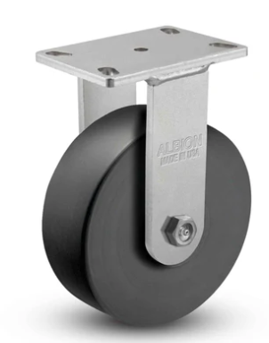 Heavy-duty rigid caster with black nylon wheel, 7.25 x 5.25 inches, kingpinless design, supports 5,400 lbs, by TACT Industrial Products.