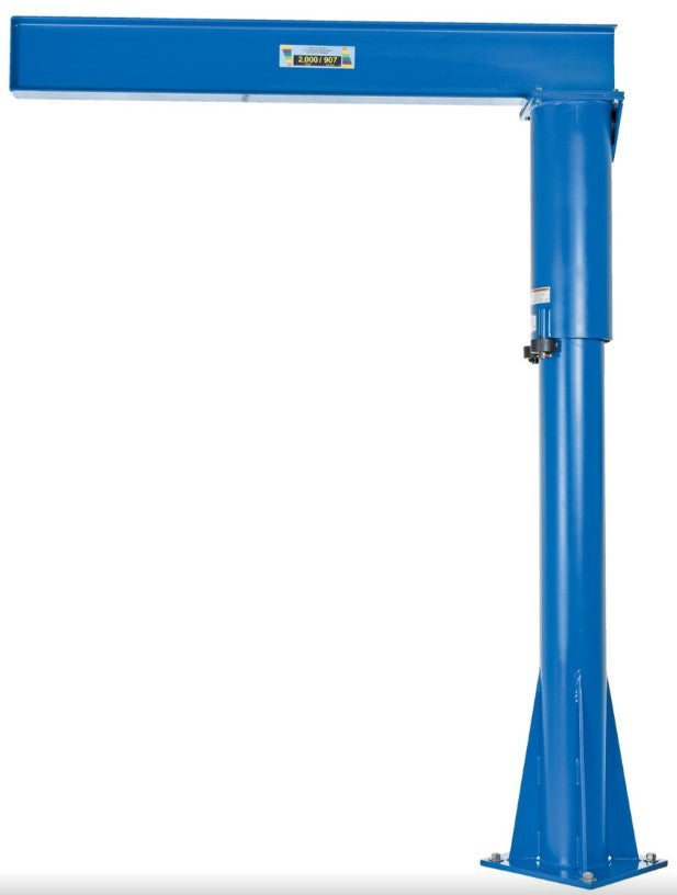 Floor mounted Vestil jib crane with 360° rotation, made of durable industrial steel for lifting and material handling.
