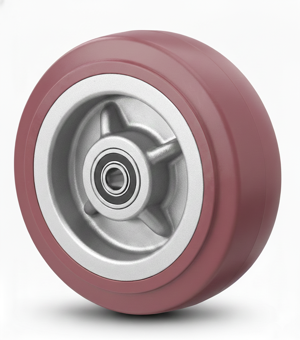 Maroon industrial polyurethane caster from TACT Industrial Products with 400 to 800 lb. capacity, designed for heavy-duty equipment.