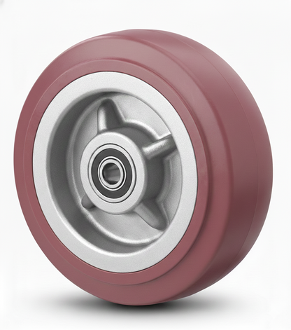 Maroon industrial polyurethane caster from TACT Industrial Products with 400 to 800 lb. capacity, designed for heavy-duty equipment.