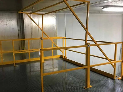 Steel mezzanine safety pivot gate by TACT Industrial, OSHA compliant, with secure latching and durable steel railing for warehouse safety.