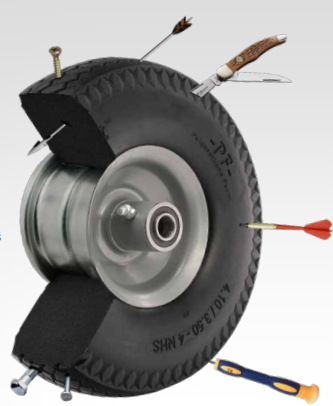 Illustration of TACT Industrial's Never Flat foam-filled caster wheel, designed for puncture resistance and durability.