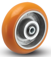 Orange TACT Industrial caster wheel with ergonomic reactive poly wheels, 1500 lb capacity, low push-force design for smooth mobility.