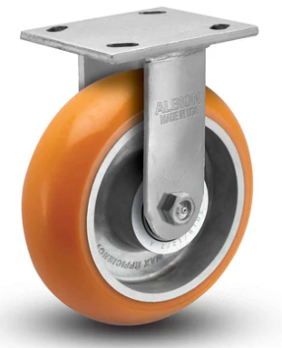 Orange TACT Industrial caster wheel with ergonomic reactive poly design, low push-force, 1500 lb capacity for heavy-duty carts.
