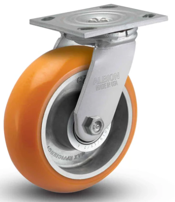 Orange TACT Industrial swivel caster with ergonomic reactive poly wheels, 1500 lb capacity, low push-force design for heavy-duty use