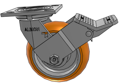 Orange TACT Industrial swivel caster with pedal lock, reactive poly wheels, 1500 lb capacity, low push-force design for heavy-duty use