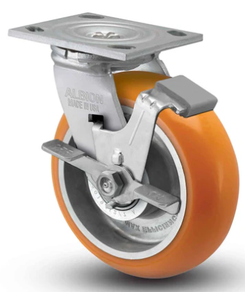 Orange TACT Industrial swivel caster with side lock brake, reactive poly wheels, low push-force design, 1500 lb capacity.