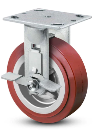 Industrial polyurethane caster with side lock brake, suitable for heavy-duty applications, by TACT Industrial Products.