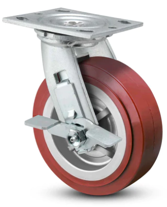 Swivel polyurethane caster with side lock brake, stainless steel construction, designed for food-grade washdown applications, 800lb capacity.