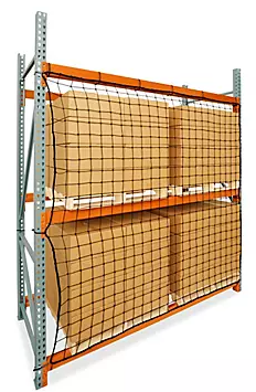 TACT Industrial Products safety netting for pallet racks, designed to prevent falls and secure storage areas in industrial settings.