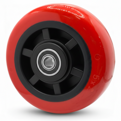 Red polyurethane caster wheel with black hub and precision bearing, designed for industrial TACT polyurethane wheels with 800 lb capacity