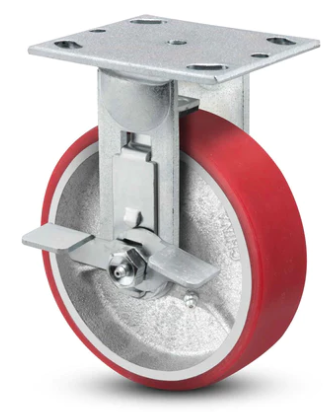 Heavy-duty caster wheel with polyurethane tread, iron frame, and side locking brake by TACT Industrial Products.