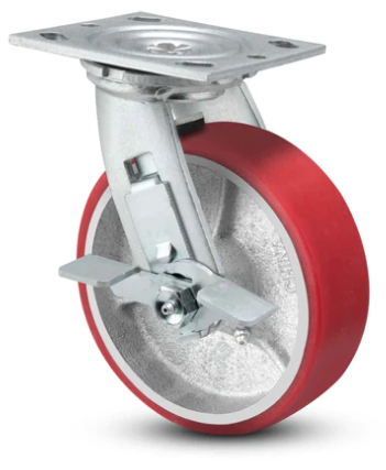 Heavy-duty polyurethane caster on iron swivel with side locking brake, 1250 lb capacity for industrial carts or equipment.