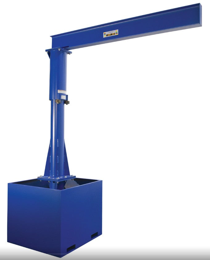 Vestil portable jib crane with 360° rotation, forklift compatible, 500 and 1000 lb capacity for lifting and moving heavy loads.