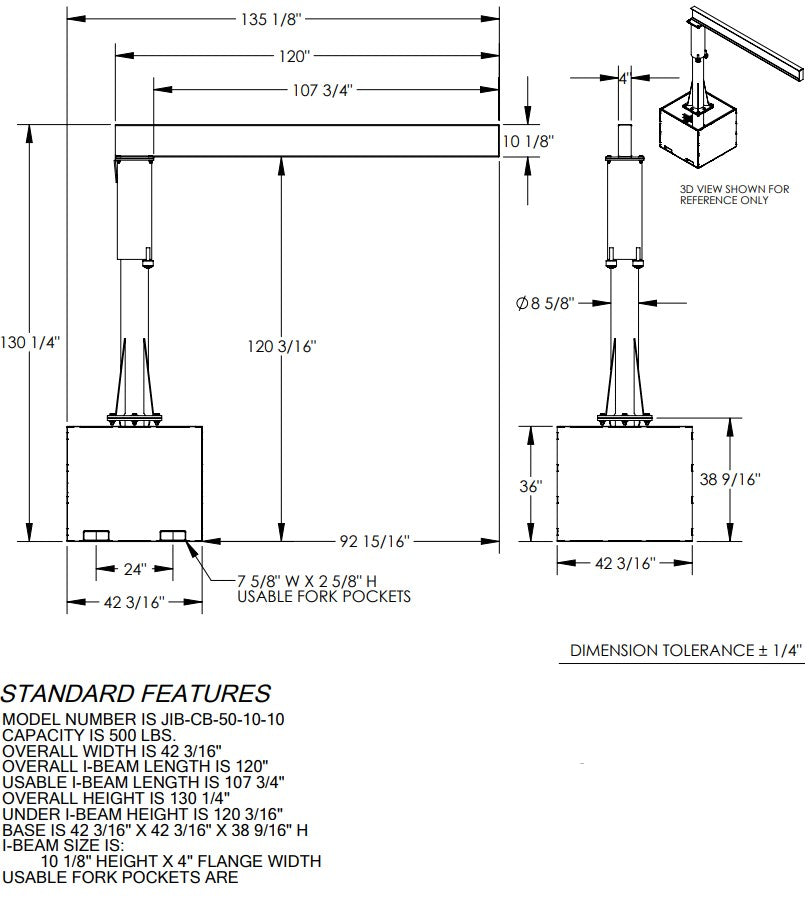 Vestil portable jib crane with 360° rotation, 500 lb capacity, designed for forklift movement and easy positioning.