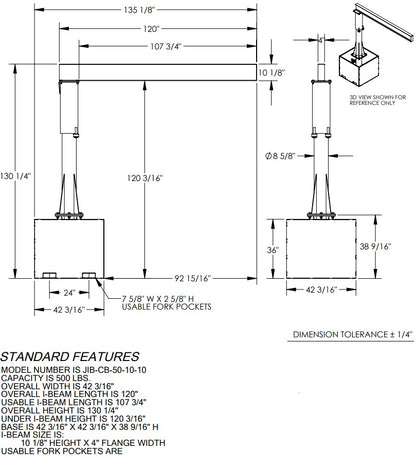Vestil portable jib crane with 360° rotation, 500 lb capacity, designed for forklift mobility in industrial settings.