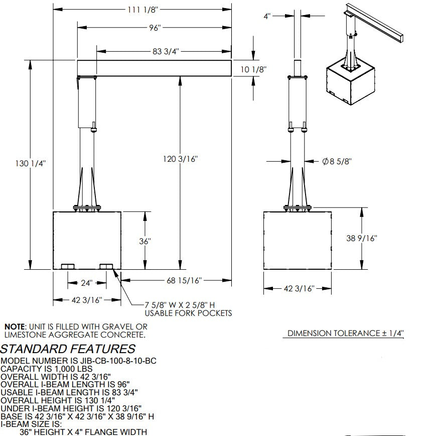 Vestil portable jib crane with 360° rotation, 500 and 1000 lb capacity, designed for forklift mobility and versatile lifting.