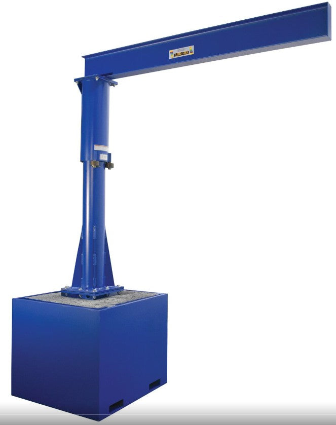 Vestil portable jib crane with 360° rotation and concrete-filled base, supporting 500 to 1000 lbs for forklift movement.