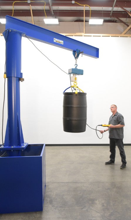 Vestil portable jib crane with operator, 360° rotation, suitable for forklift movement, 500 and 1000 lb lifting capacity.