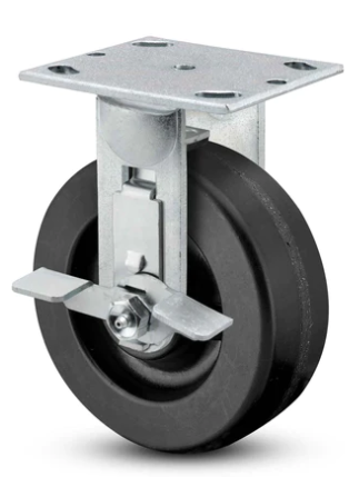 Rigid caster with phenolic wheel and side locking brake, designed for medium duty industrial use by TACT Industrial Products.