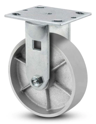 Rigid caster with cast iron wheel from TACT Industrial Products, supporting up to 1250 lbs for industrial use.