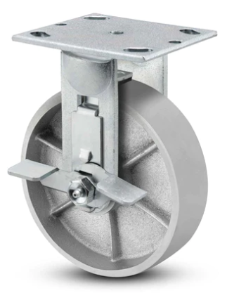 Rigid caster with cast iron wheel and side locking brake, 1250 lb capacity industrial steel caster by TACT Industrial Products.