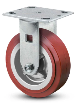 Rigid caster with polyurethane wheel from TACT Industrial, stainless steel construction, suitable for food-grade washdown environments.