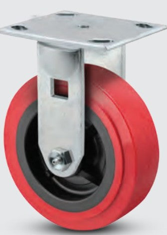 Rigid industrial polyurethane caster with red wheel and black hub, suitable for heavy-duty applications up to 800 lb. capacity.