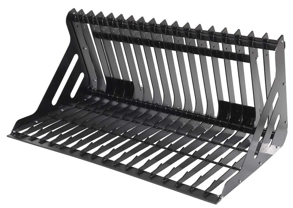 Vestil skid steer rock grader attachment shown from the front, featuring a durable metal blade for grading and soil leveling.