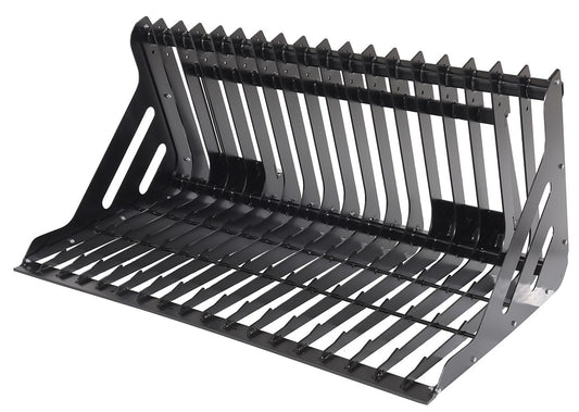 Vestil skid steer rock grader attachment shown from the front, featuring a durable metal blade for grading and soil leveling.
