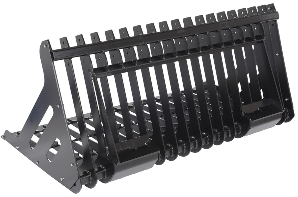 Vestil skid steer rock grader attachment shown from rear view, heavy machinery accessory for grading and land leveling tasks.