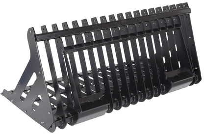 Rear view of Vestil skid steer rock grader attachment for heavy machinery, showing blade and mounting points.