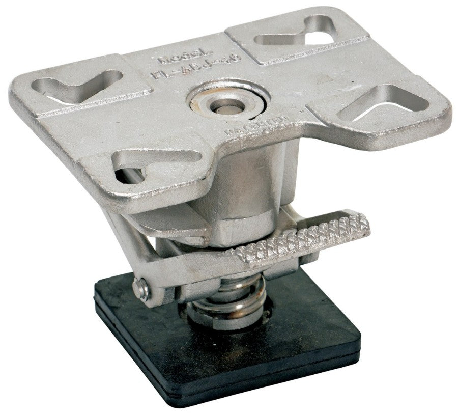 Adjustable height floor lock made of stainless steel by Vestil, showing its dimensions and locking mechanism