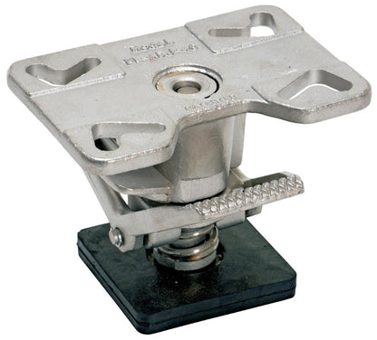 Adjustable height floor lock made of stainless steel by Vestil, showing its dimensions and locking mechanism
