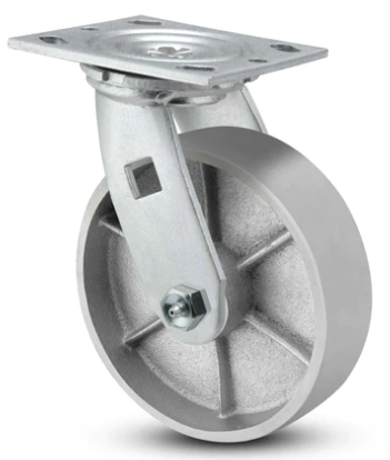 Swivel caster with cast iron wheel and semi-steel construction, 1250 lb capacity industrial wheel for heavy-duty applications.