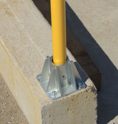 Cast steel galvanized base plate for hand railing, used for safety guarding by Vestil, provides sturdy support for railing installations.