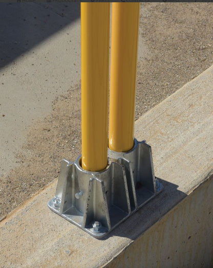 Cast steel galvanized base plate for hand railing, used in safety guarding, manufactured by Vestil for secure structural support.