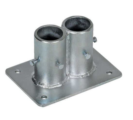 Cast galvanized steel base plate for hand railing, double pocket, used for safety guarding, manufactured by Vestil.