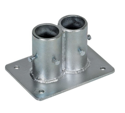 Cast galvanized steel base plate for hand railing, double pocket, used for safety guarding, manufactured by Vestil.