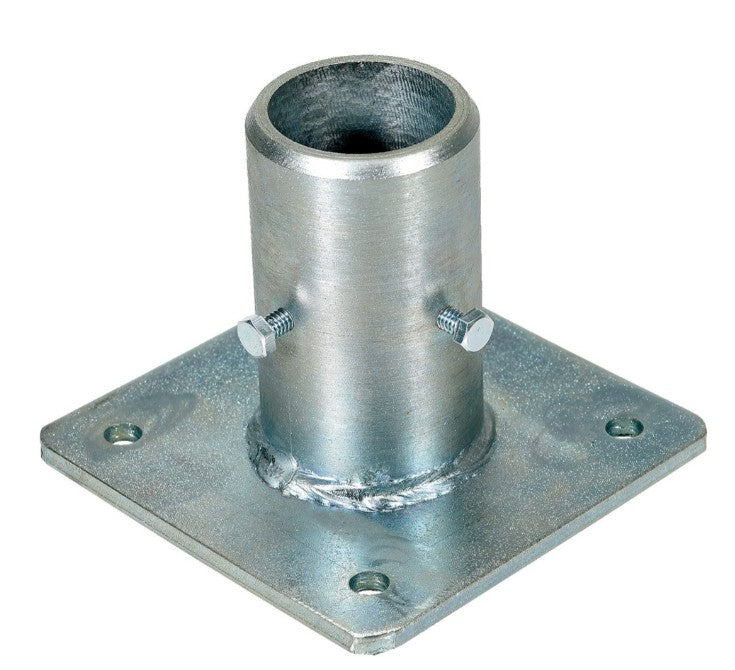 Galvanized steel base plate for hand railing, single pocket, safety guarding by Vestil, designed for secure and durable railing installation.