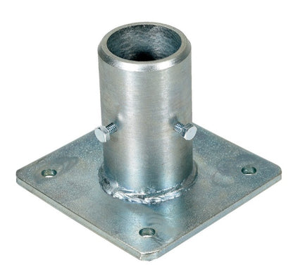 Galvanized steel base plate for hand railing, single pocket, safety guarding by Vestil, designed for secure and durable railing installation.