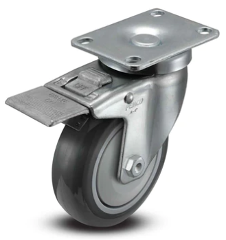 Ergonomic TACT Industrial polyurethane caster with light-duty design, quiet operation, non-marking wheels, 270-350 lb capacity.