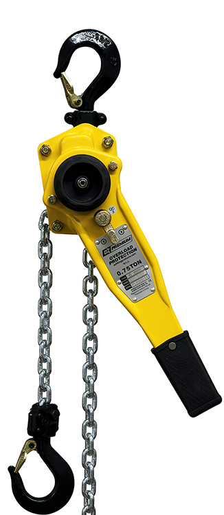OZ Lifting Products Premium Lever Hoist with overload protection, 0.75 to 3-ton capacity, showcasing sturdy construction and safety features.