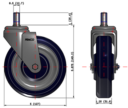 5-inch TACT Industrial shopping cart caster with threaded stem and polyurethane wheels for durable, smooth mobility.