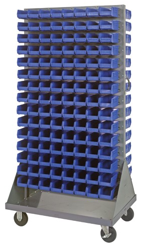 Quantum louvered panel storage racks with ultra plastic bins and systems from TACT Industrial Products, shown in a well-organized industrial setting.