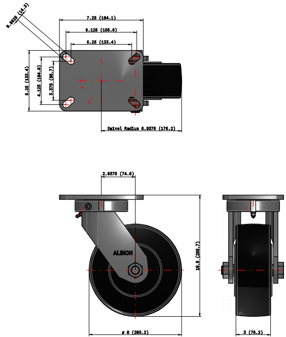Top plate kingpinless casters with solid nylon wheels, 7.25 x 5.25 inches, 5,400 lb capacity by TACT Industrial Products