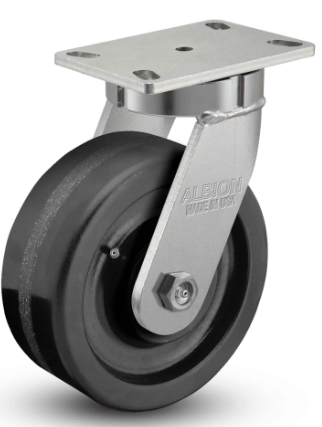 Heavy duty phenolic wheel caster by TACT Industrial, kingpinless design, supports up to 2,500 lbs, made in the USA.