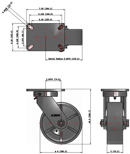 Heavy duty TACT Industrial kingpinless casters with cast iron wheels and 2,800 lb capacity for industrial use.