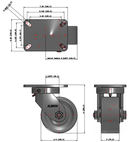 Heavy duty TACT Industrial kingpinless caster with cast iron wheel, 2,800 lb capacity, designed for heavy loads and durability.